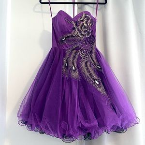 Unique Purple Peacock Mini Strapless Dress l Size XS